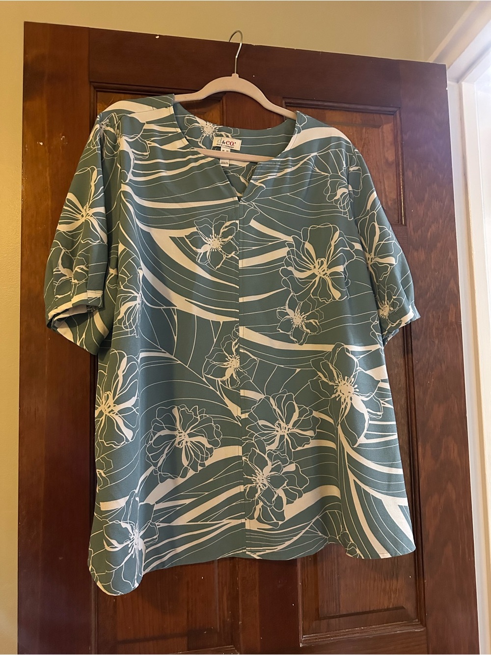 D & Co Teal Floral Short-Sleeve Blouse